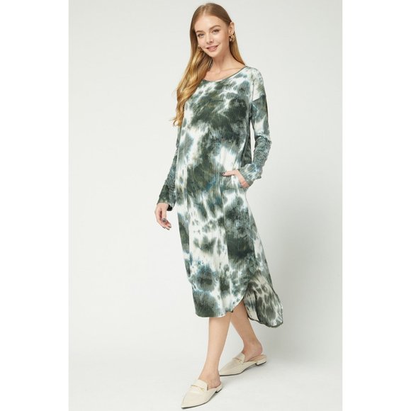 entro Dresses & Skirts - Entro Tie Dye Ribbed Pocket Midi Dress, Olive